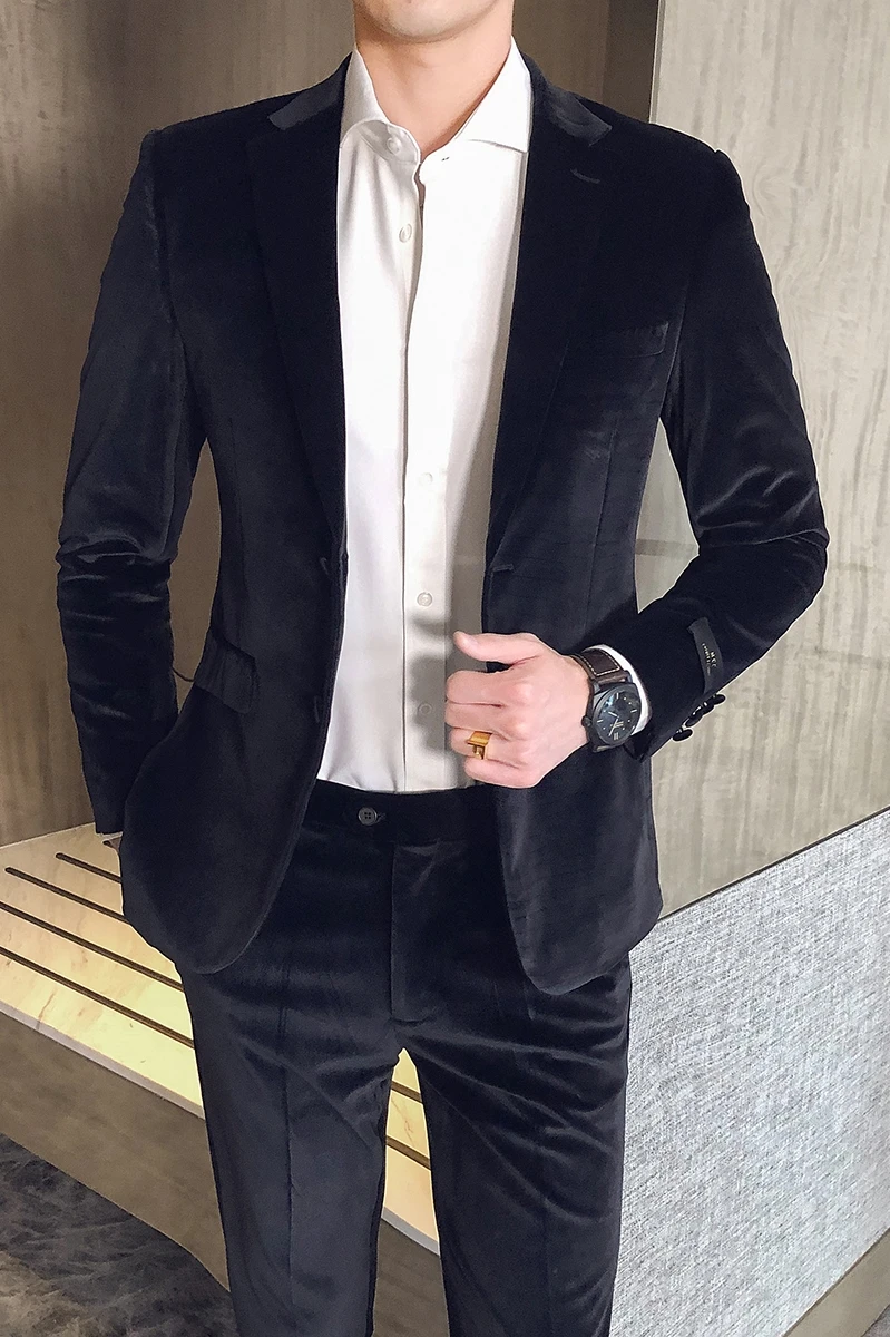 Мужской костюм в британском стиле, красивый корейский Повседневный тонкий бархатный мужской костюм из 2 предметов со штанами, смокинг для свадьбы, выпускного, костюм terno Homme