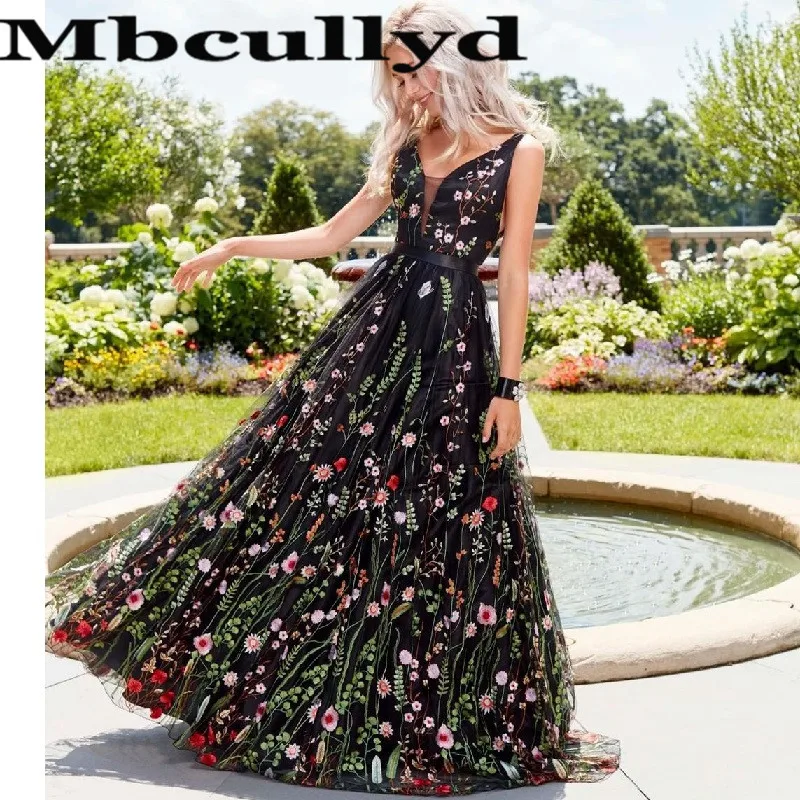 

Mbcullyd Elegant V-neck Prom Dresses Long 2020 A-line Colorful Lace Formal Evening Party Dress For Women vestidos de gala