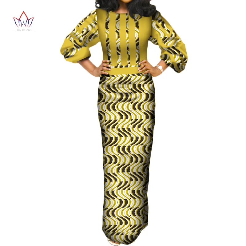 BRW летние африканские хлопковые платья для женщин с О-образным вырезом длинное платье Bazin Riche Макси платье с длинным рукавом Размер Pius WY3387 - Цвет: 1