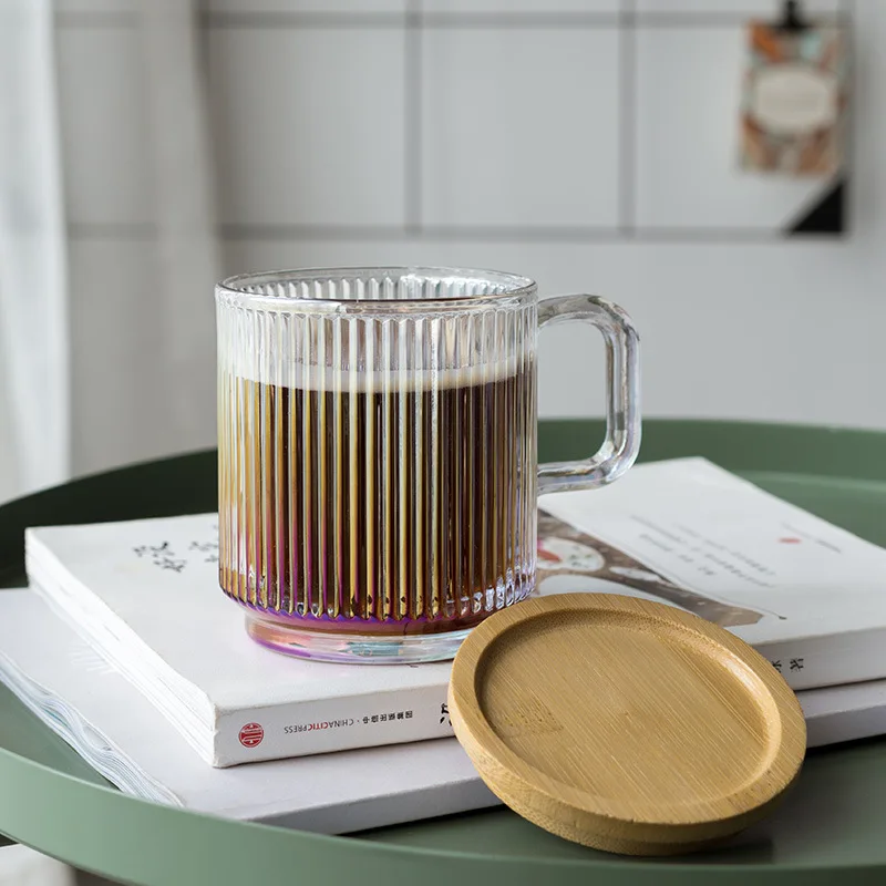 Lysenn Iridescent Glass Coffee Mug w/ Lid Premium Classical Vertical Stripes Glass Tea Cup for |Latte|Tea|Chocolate|Juice|Water| Unleaded Bamboo