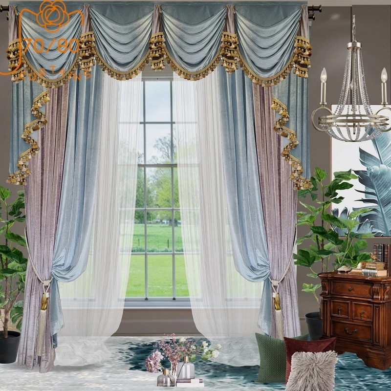 

European-style High-end Blue and Gray Velvet Thickened Blackout Curtains for Living Room Bedroom Custom Finished Valance