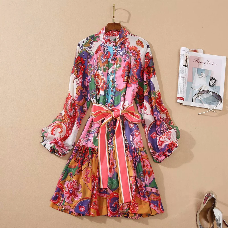 SEQINYY Boho Mini Dress 2020 Summer Spring New Fashion Design Women Vintage Red Flowers Print Lantern Sleeve Chiffon Belt
