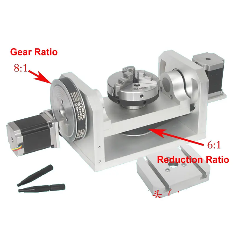 CNC 4th Axis 5 Axis A Rotary Aixs Center Height 98mm 100mm Chuck T Slot Table 100*125MM Gear Ratio 8: 1 Reduction Ratio 6: 1