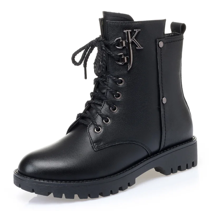 A142!New winter full leather round toe women's Martin boots cowhide mid-heel thick heel lace-up cotton boots women's shoes.