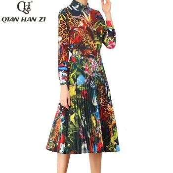 

Qian Han Zi 2020 high quality Fashion Runway two Piece Set Women's Long Sleeve Shirt+vintage Print Pleated Midi Skirt Set