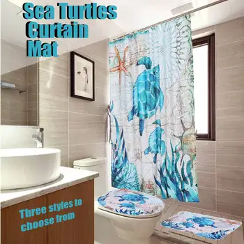 

4PCS/SET Sea Turtles Non-slip Waterproof Shower Curtain Bathroom Decor Doormat Toilet Cover Mat Set Three Sizes For Choose