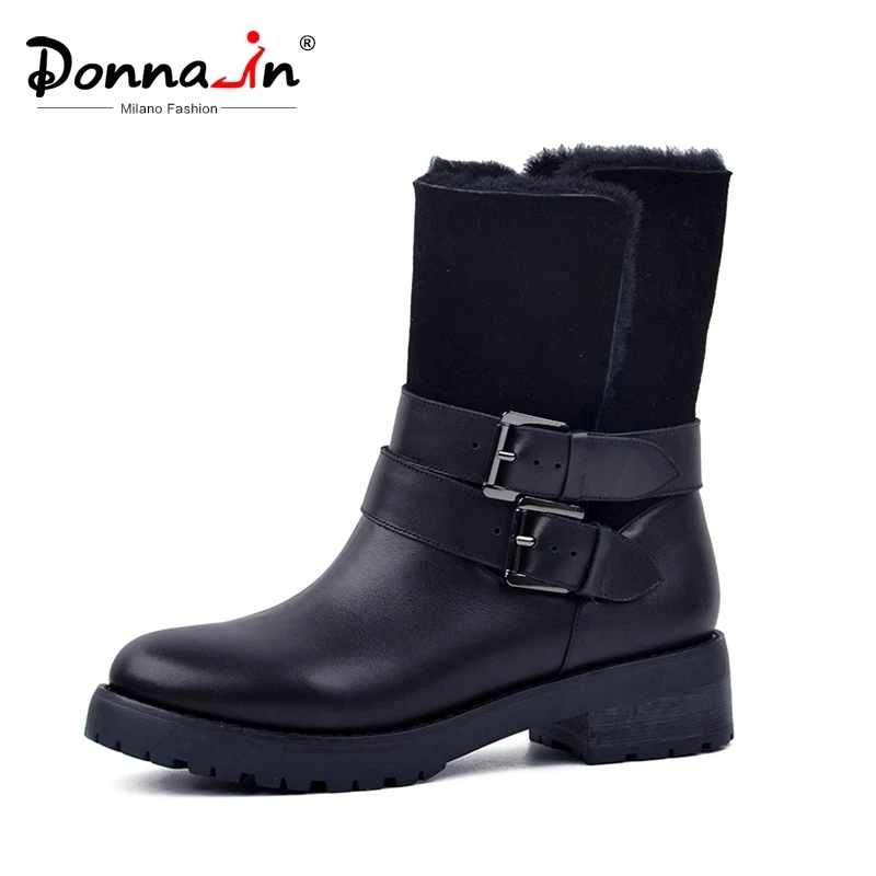 Donna-in/; женские зимние ботинки из натуральной кожи; теплые шерстяные зимние ботинки на платформе с натуральным мехом на толстом среднем каблуке; женская обувь с пряжкой