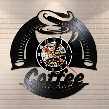 

Coffee Vinyl Record Wall Clock Modern Design Decorative Clock Kitchen Stickers Vintage CD Clocks Cafe Shop Barista Wall Watch