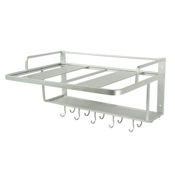 

2 Layers Space Aluminum Microwave Oven Rack Stand Kitchen Shelf Holder Wall Hanging with 10 Hooks