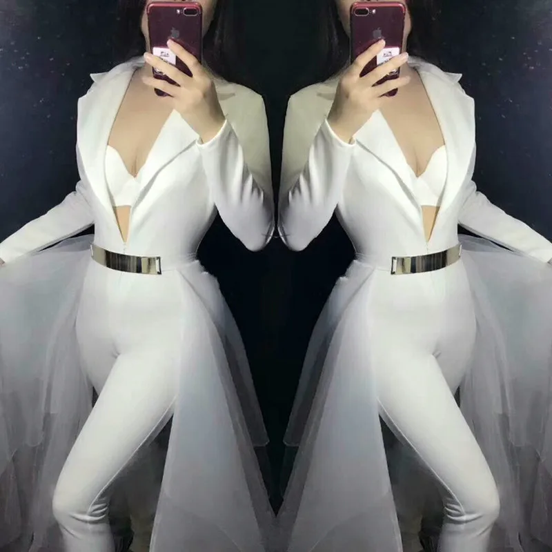 

New Long Sleeve V Neck Solid Jumpsuit with Mesh Tail Women Nightclub Prom Party Dress Performance Stage Outfit Dance Costume
