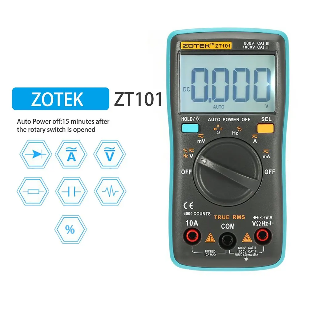 ZOTEK ZT101 Мини Авто Диапазон Цифровой мультиметр 6000 отсчетов AC DC Амперметр Вольтметр 550 в защита от перегрузки ЖК-подсветка