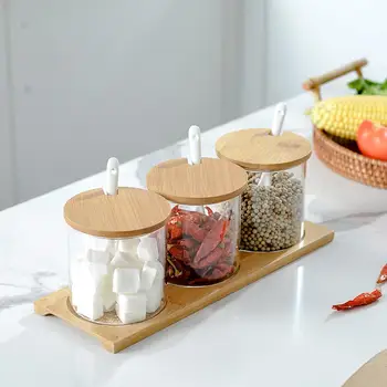 

3 Pcs/Set Bamboo Spice Racks Transparent Glass Seasoning Jar Box Set Household Condiment Containers Kitchen Accessories