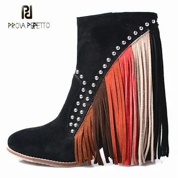 

Prova Perfetto Fashion Mixed Color Fringe Rivet Decor Ankle Boot Women New Suede Tassel High Heel Short Boots Zapatos Mujer