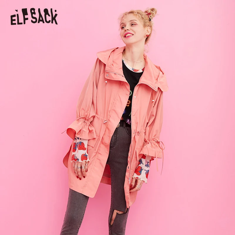 ELFSACK New Women Trench Coats,Fashion Casual Turn-down Collar Hooded Female Trench Coat Autumn Streetwear Clothing