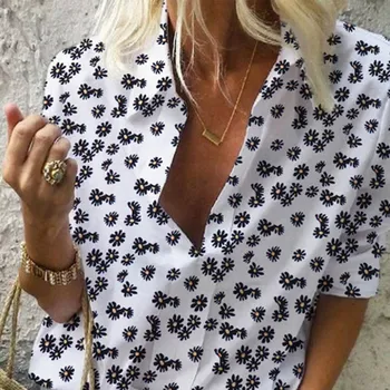 

Women's Daisy Printed Summer Blouses Plus Size 2020 Short Sleeve V-neck Casual Blouse Female Fashion Streetwear Ladies Blusa