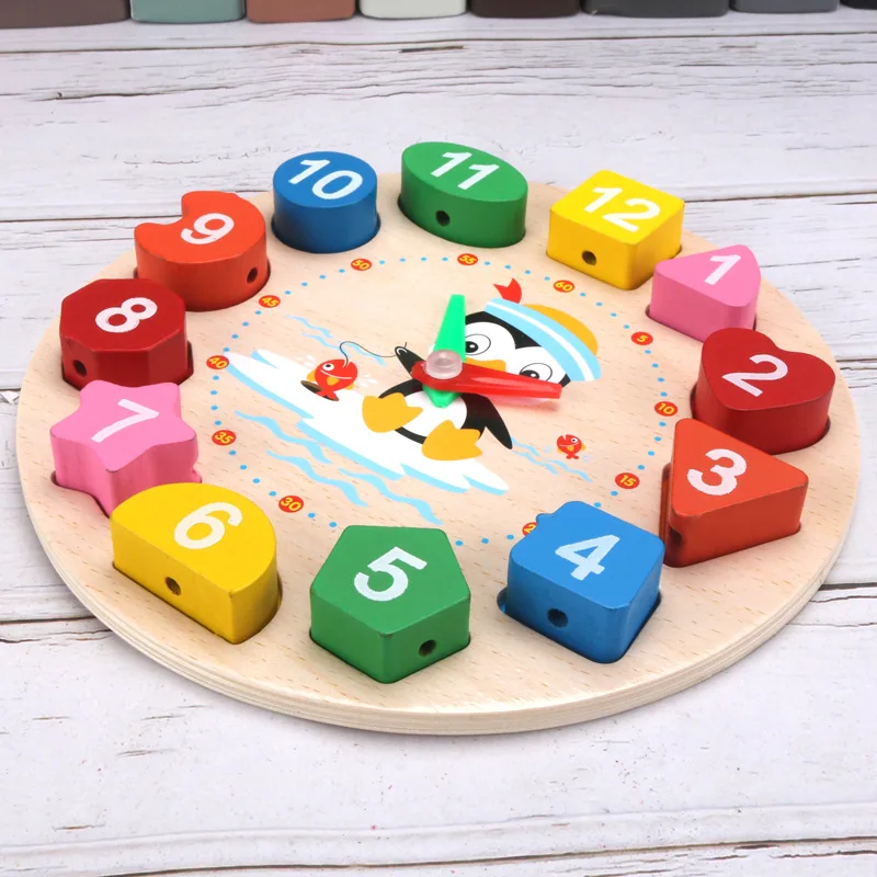 Montessori wooden clock puzzle cartoon animal tangram cognitive digital clock kids early educational threading assembly toys wooden clock toys educational toys