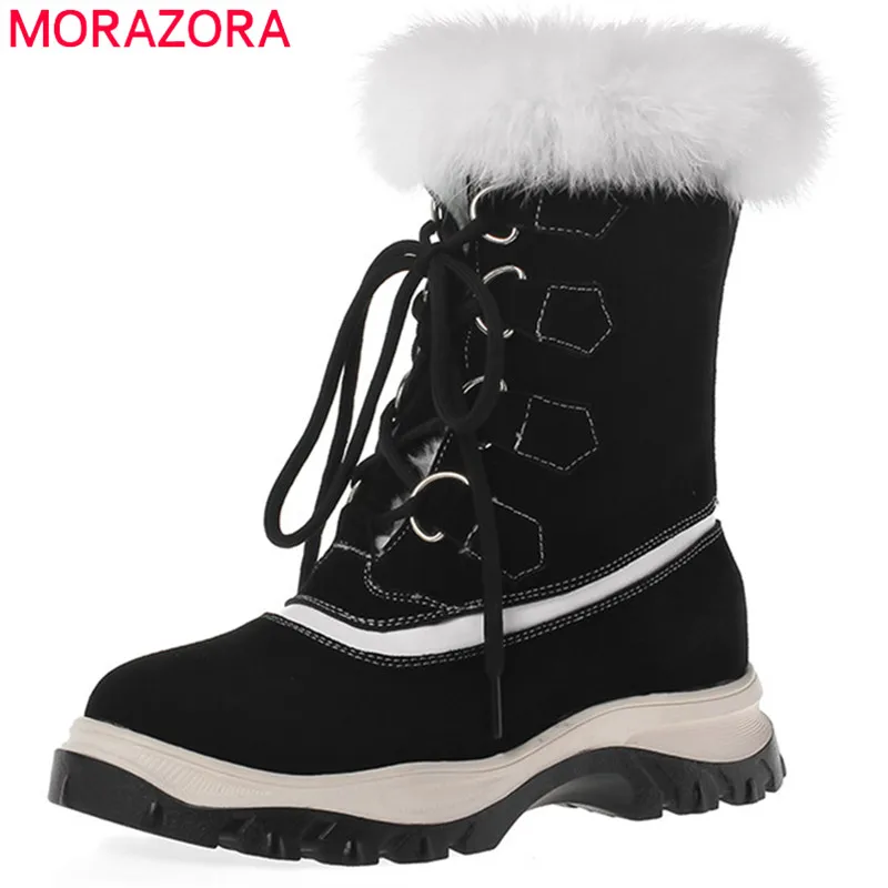 

MORAZORA 2020 new arrival ankle boots women thick fur warm winter snow boots lace up round toe flat platform shoes woman