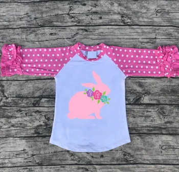 Preise 2020 Frühling Baumwolle Bunny Baby Ostern 100% Baumwolle Mädchen Icing Raglan Kleidung Rosa Polka Dot Kaninchen Drucken T-shirts RÜSCHEN Tops