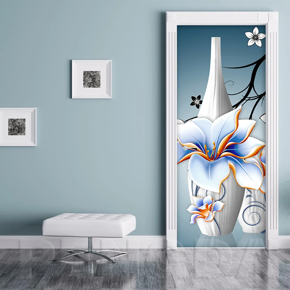 3D наклейки на дверь самоклеющиеся обои абстрактная ваза Diy Печать Искусство Картина цветок для домашнего декора Фреска гардероб переводная бумага для обновления интерьера