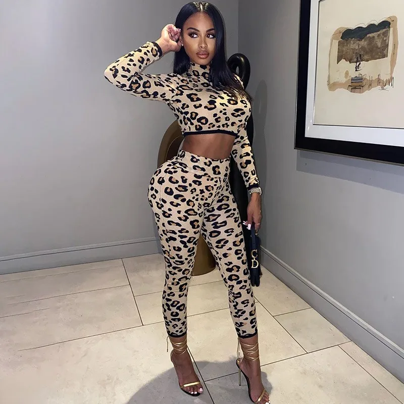Bjyl leopardo terno moda feminina natural selvagem apertado sexy exposto umbigo quadril duas peças conjunto para roupas femininas por atacado