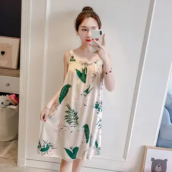 

Breathable Women Printing Nightdress Summer Korean oversize Loose Strap Woman Pajamas Cotton Silk Sexy Sleepwear Home Clothes