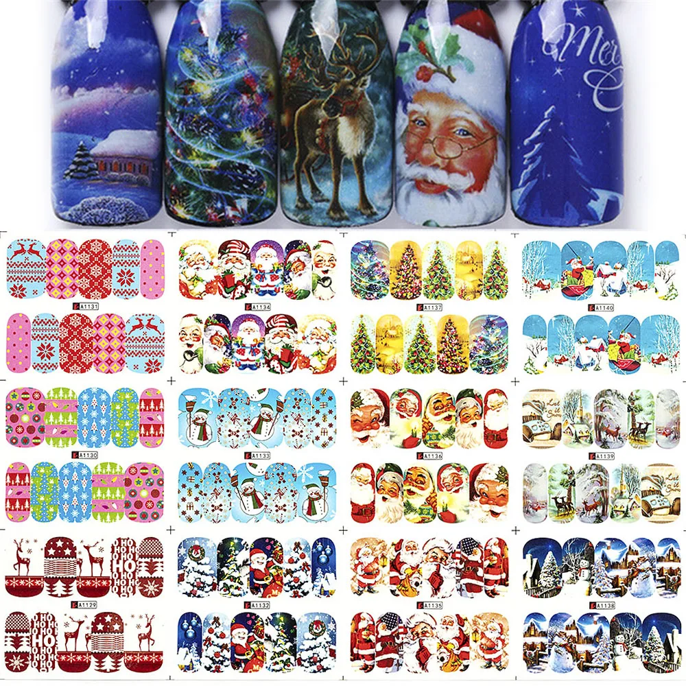 

12 Patterns DIY Naklejki Na Paznokcie Big Water Sticker Decals Adesivo De Unha Claus Nail Art Transfer Sticker Wraps Xmas
