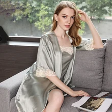 Шелк женский халат и платье наборы с поясом Половина рукава Кружева Элегантный Дамы халат и сексуальная ночная рубашка sp0146