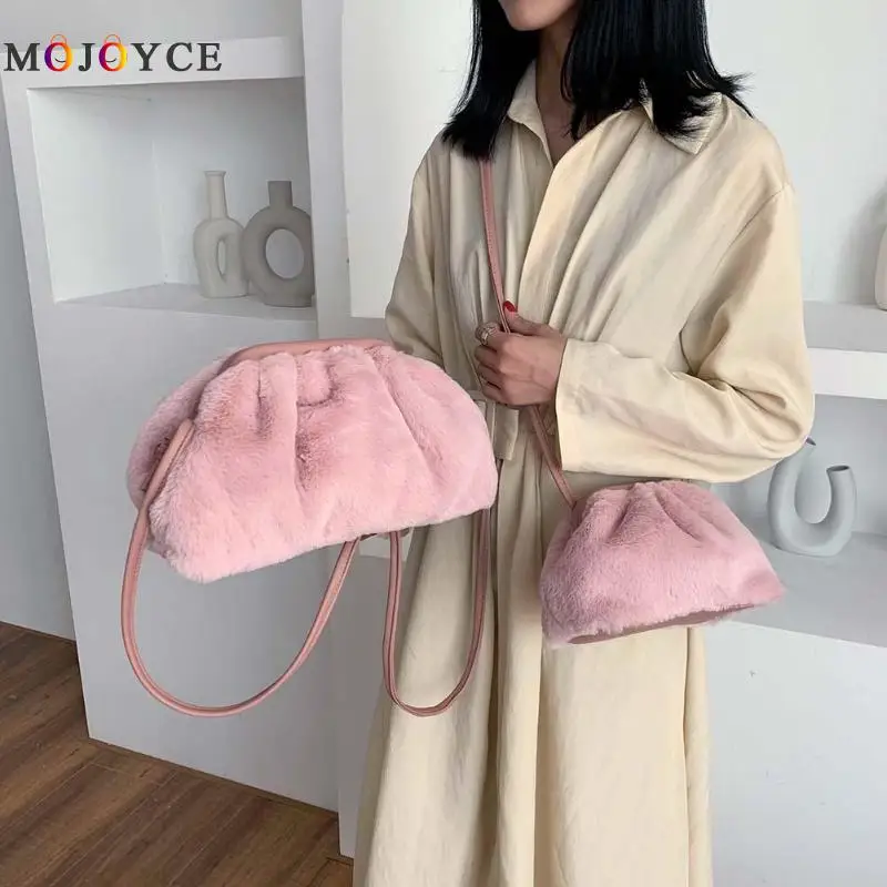 cheap Fashion Plush Women Fluffy Bag Evening Day Clutch Small Shoulder Handbag Solid Color Ladies Crossbody Bag