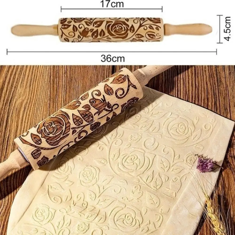 Christmas Rolling Pin Engraved Carved Wood Embossed Rolling Pin Kitchen Tool 35CM Embossing Baking Cookies Biscuit Fondant#5