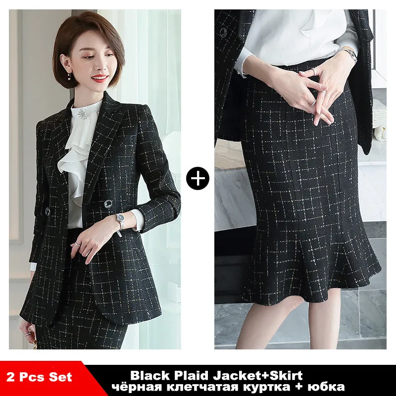 black plaid 2 pcs Зимний костюм толстый теплый материал Блейзер юбка комплект клетчатая куртка пальто юбка фасона "Русалка" Женская офисная юбка, костюм 80365 - Цвет: black plaid 2 pcs