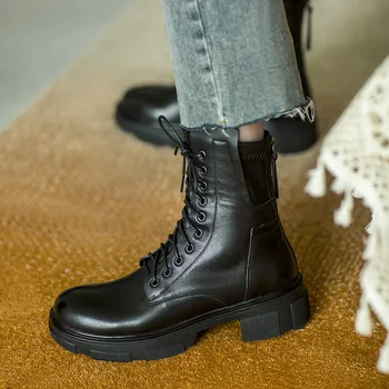 

Royesic Genuine Cow Leather Martin boots women's thick-soled 2020 autumn new British style ladies lace round ankle boots