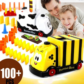 

Domino Train Toy Set Rally Electric Train Model with 100 Pcs Colorful Domino Game Building Blocks Car Truck Vehicle Stacking