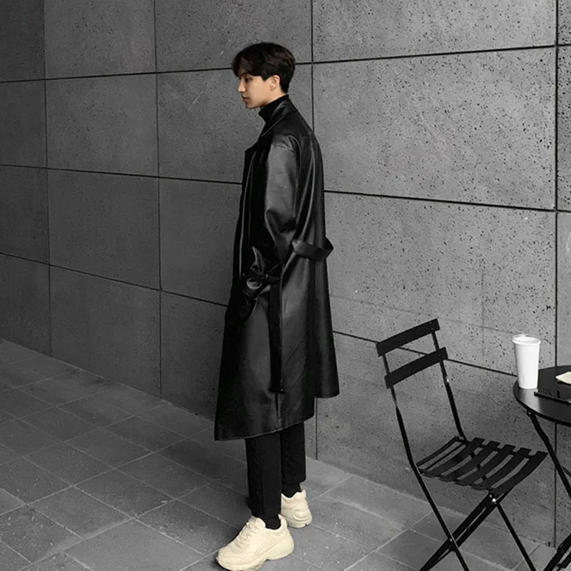 Men Vintage Long Black Leather Trench Jacket Double Breasted Overcoat Male Streetwear Hip Hop Punk Faux Fur Windbreaker Coat