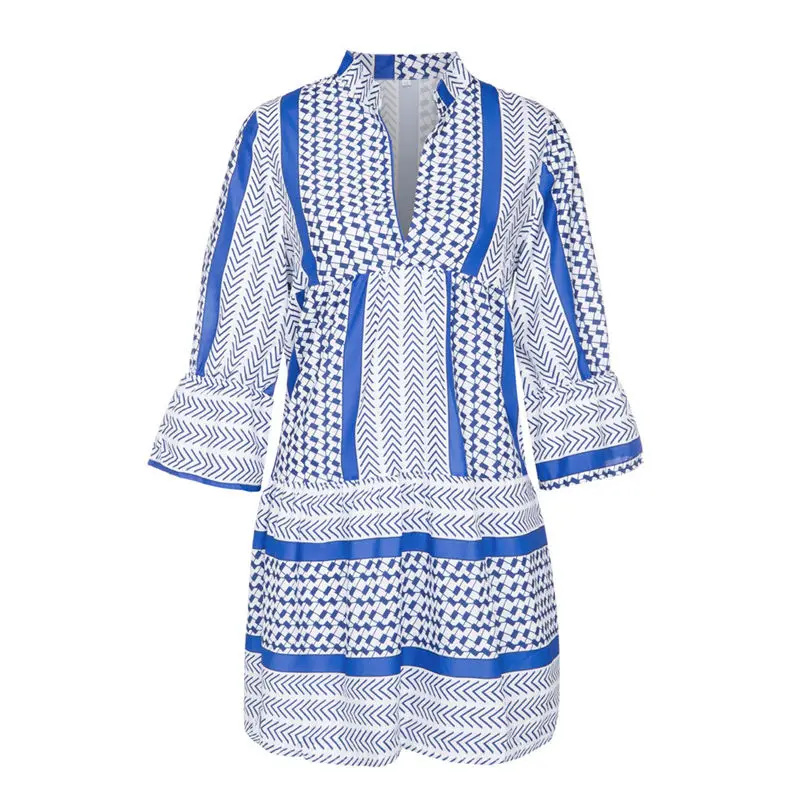 New Fashion Women Casual Autumn Dress 2019 Patchwork Three Quarter Sleeve Ruffles Party Mini Dress платье vestidos 3Y30 (12)