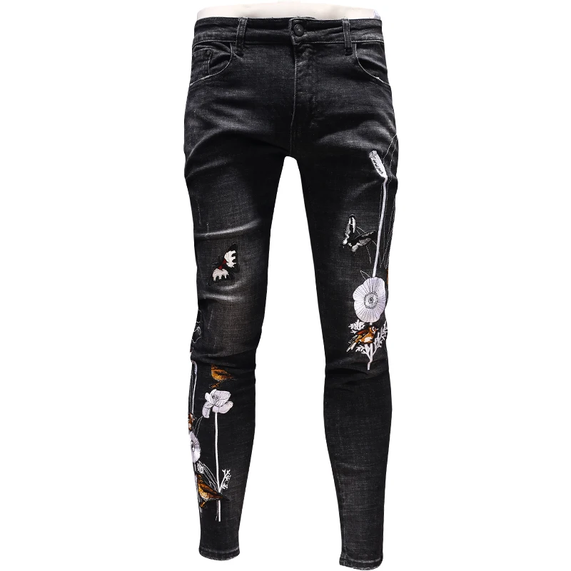 New Arrivals Denim Skinny Jeans Embroidery Flowers Men New Autumn Winter Clothing Cotton Slim Pencil Pants