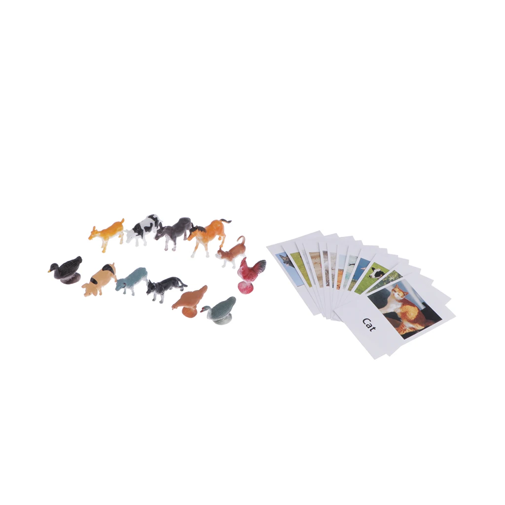 Montessori Learning Materials Toy - 12pcs Miniature Farm Animal Figure Match Set Matching Cards Game
