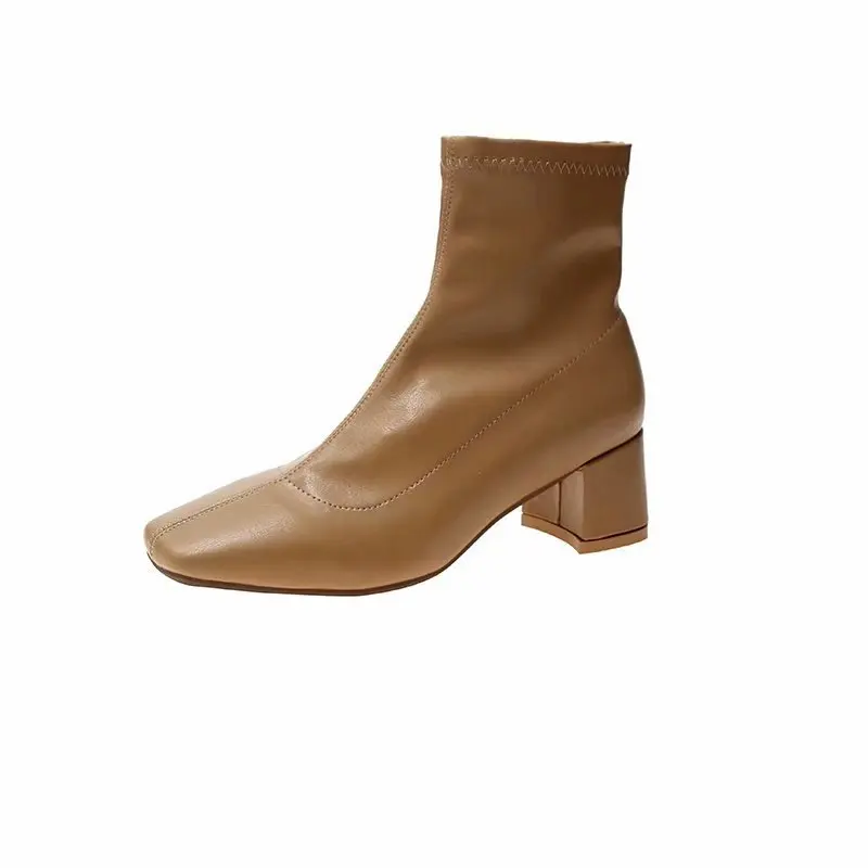 Chaussures femme/ г. Модные зимние Ботинки martin из флока на молнии с квадратным носком до середины икры плюшевые ботинки на не сужающемся книзу массивном каблуке - Цвет: khaki
