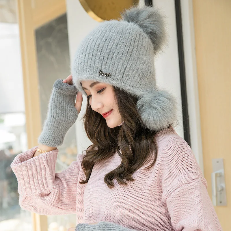 Утолщенная зимняя шапка для девочек, новые модные помпоны из искусственного меха, зимняя женская шапка, женские шапки, теплые перчатки и вязаная шапка, комплект