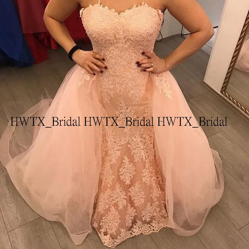 Customized Peach Lace Evening Dress with Detachable Train Sweetheart Plus Size Long Prom Dresses Vestidos de fiesta noche | Свадьбы и