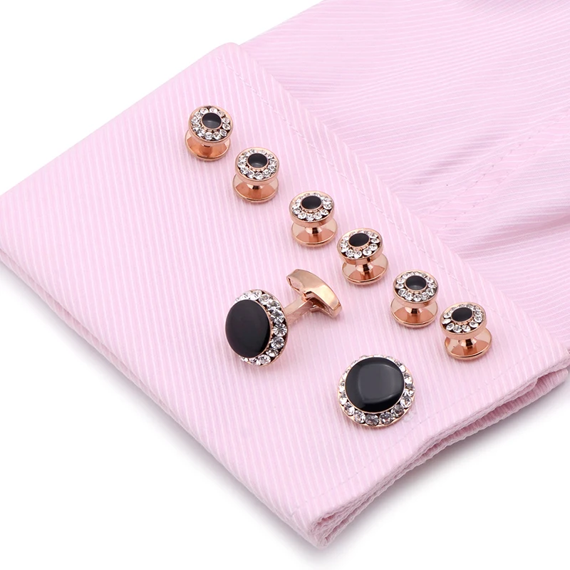 Luxury Cufflinks and Studs Set for Men,Classic Black Enamel&Crystal Tuxedo Shirt Cufflinks set for Wedding Jewelry Accessories