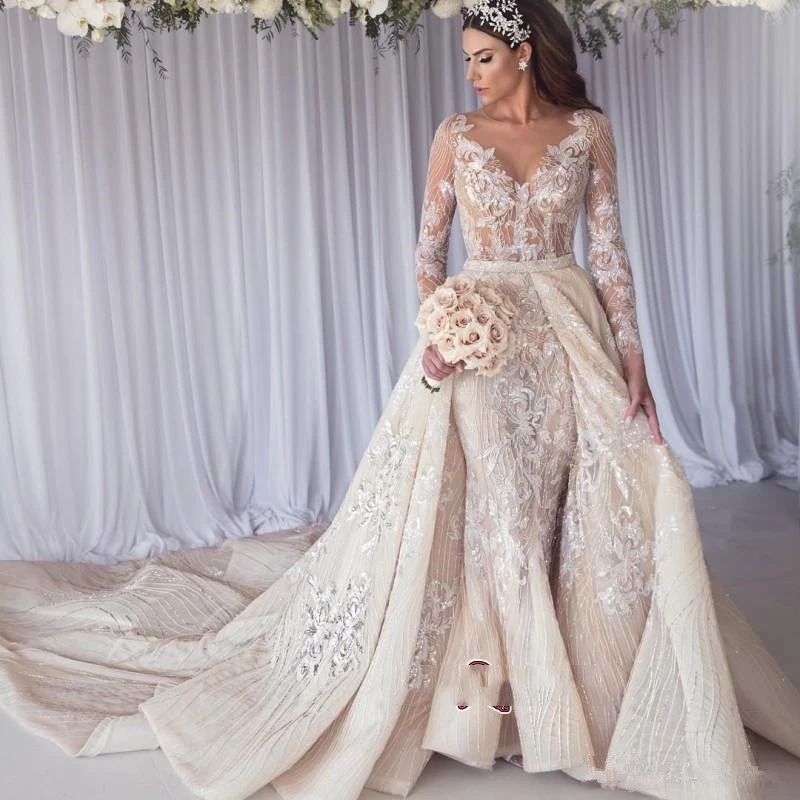 Vestido De Noiva Дубай роскошное свадебное платье с юбкой-годе из бисера кружевные 2 шт. Свадебные платья с длинным рукавом съемный шлейф
