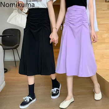 

Nomikuma Folds Design High Waist Skirt Solid Color A Line Mid Calf Skirts Women 2020 Summer New Arrival Faldas Mujer Moda 3b153