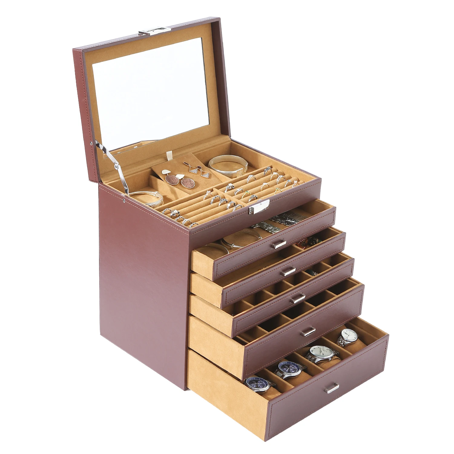 

5-Storey Luxury Jewelry Box With MIRRO, Necklaces, Earrings, Sunglasses, Bracelets, Watches, Etc, Brown