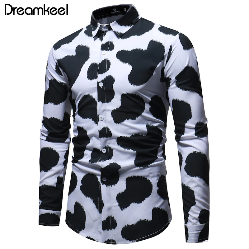 Мужская Повседневная рубашка, осенняя, с длинным рукавом, с принтом в виде черных пятен, высокое качество, деловая рубашка, Мужская брендовая одежда, с рисунком коровы, Y1