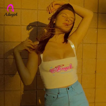 

Yellow Spaghetti Strap Letter Print Camis Women Cropped Top Slim Slim Elastic Summer 2020 New Streetwear Backless Women Tank Top