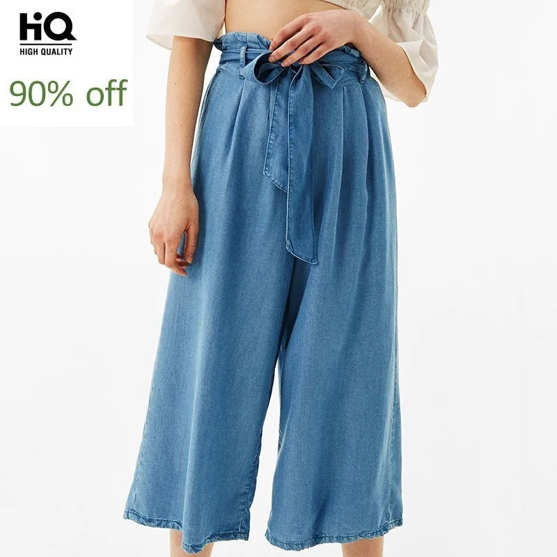 

2020 New Arrival Hot Sale Fashion Loose Fit Wide Leg Pants Women Bohemian High Waist Retro Bow Sashes Female Jeans Lace Up Solid