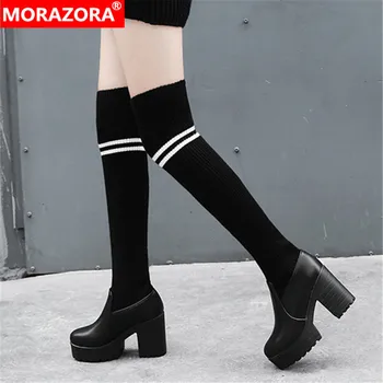 

MORAZORA 2020 plus size 43 women thigh high boots round toe autumn winter high heels platform shoes woman Stretch boots