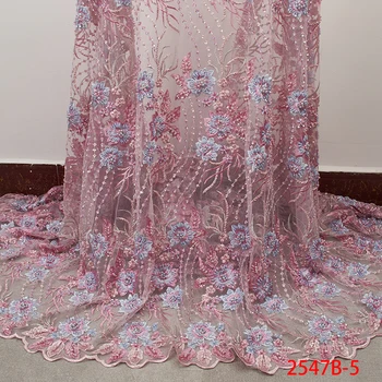

French Wedding Fabrics Luxury Lace Beaded Lace Fabric Embroidery 5 Yard 2019 Net Lace Fabric Beaded QF2547B-2