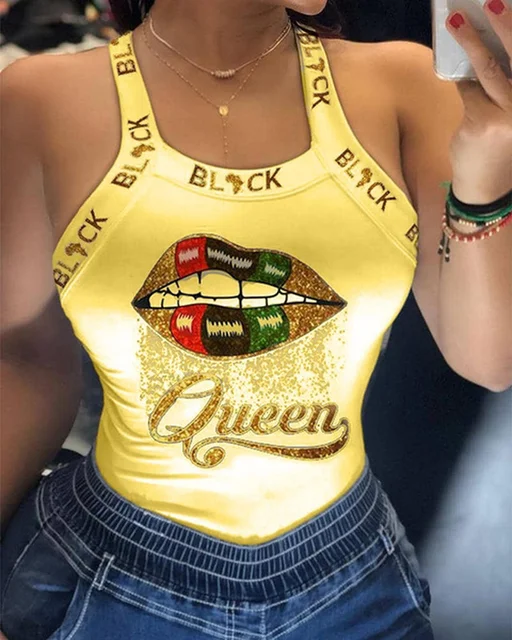 Summer Ladies Harajuku Shirts Slim Fit Polyester Sleeveless Top Tshirts Tank Tops Women U Neck Letter Print Lips Vest D6H283YL