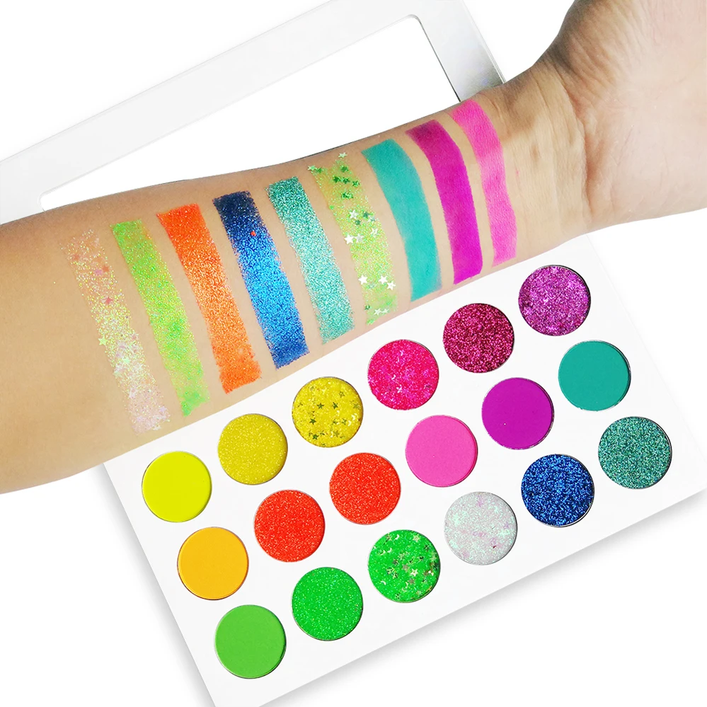 18 Colors Private Label Eyeshadow Palette Bright Glitter Neon Pigment Shadows Colorful Natural Simple Eye Makeup Low Moq